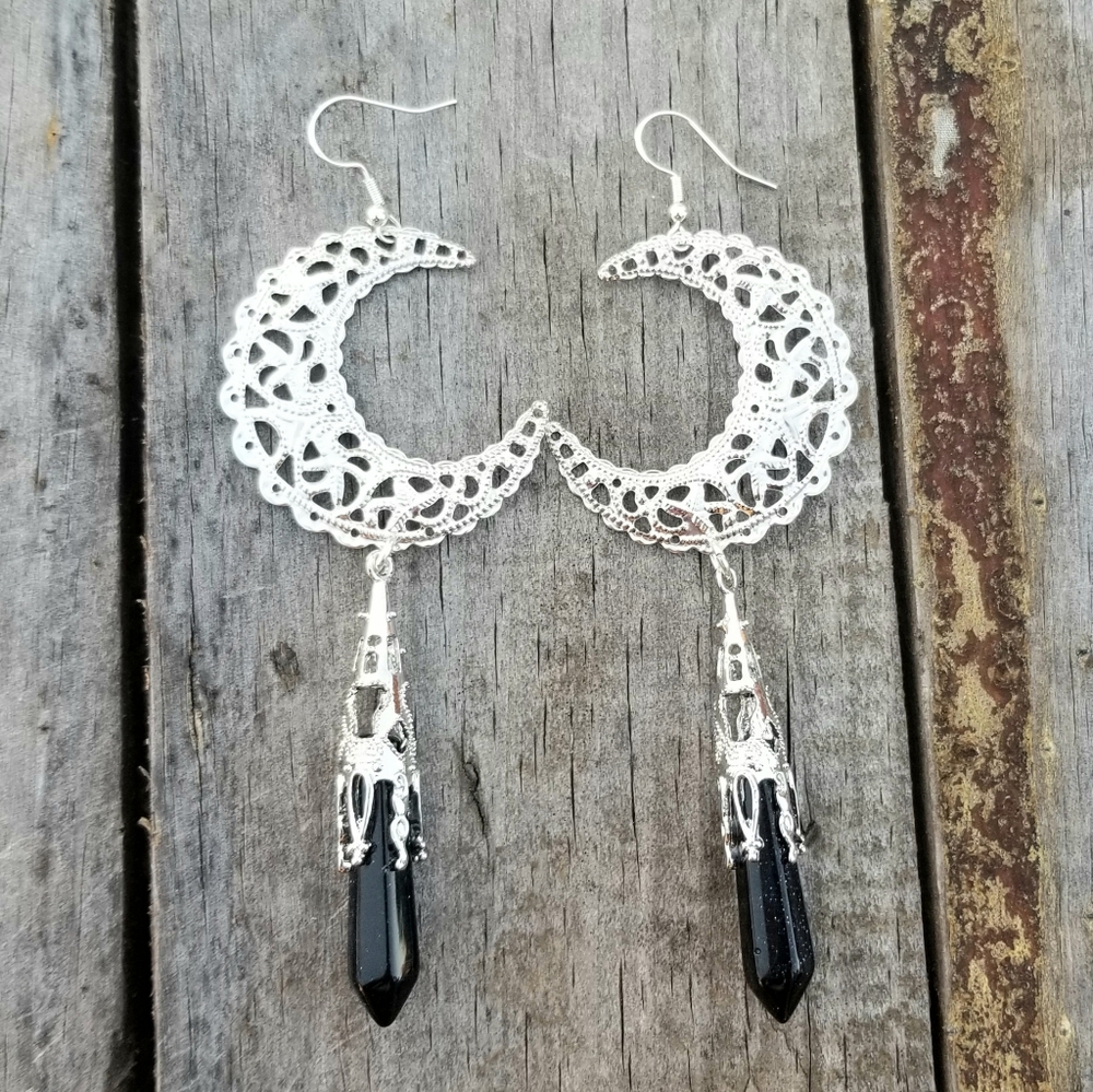 Large Filigree Crescent Moon Blue Sandstone Pendulum Dangle Earrings  Bohemian